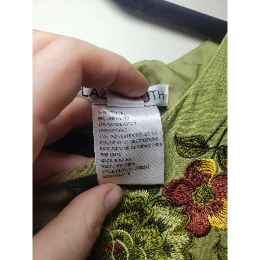 Y2K Women's Embroidered Floral Dress Size 10 Green Cottagecore Prairie Boho 70's - Picture 9 of 13